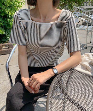 凯莉条纹方领衬衫 T 恤