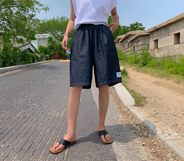 Street Patch 菠萝条纹水洗蓝五分短裤