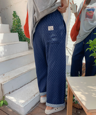 Selly 圆点 Patch 牛仔色松木罗缎宽宽松裤