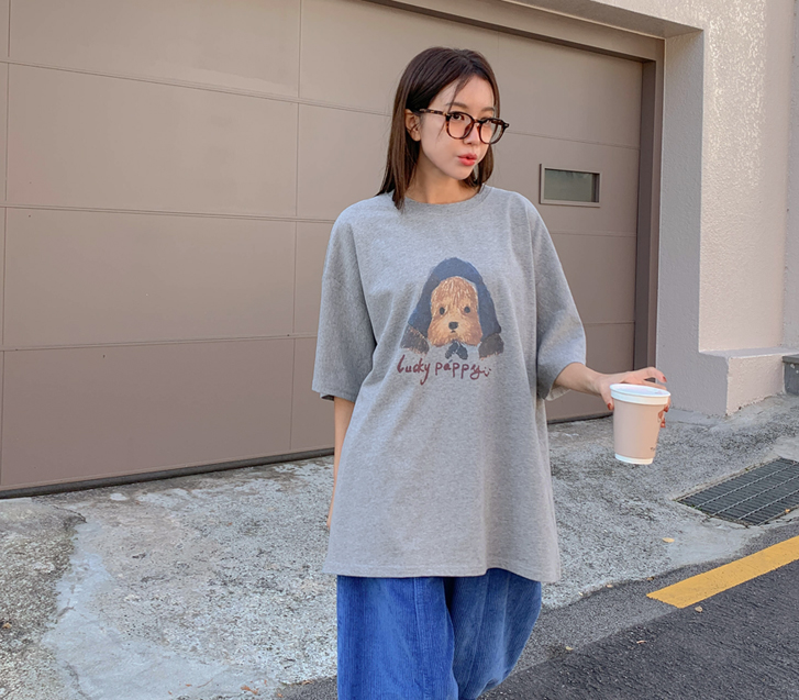 Lucky Puppy Nayeom 桃色抓绒短袖长袖T恤