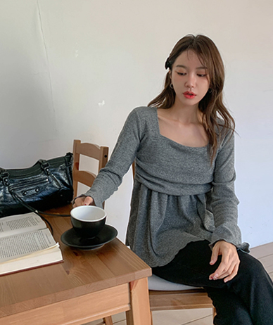 罗纹方领针织T恤