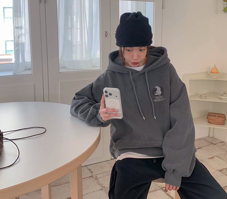 [男女皆宜]木本染色加绒长款带帽T恤