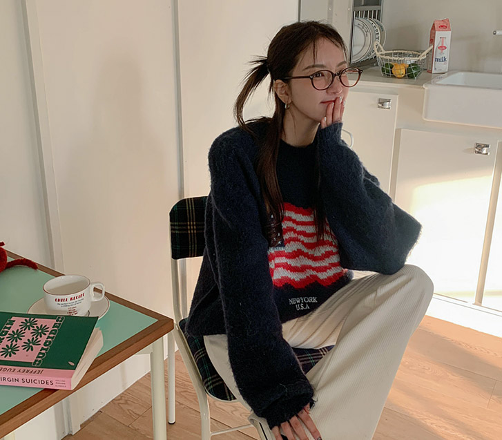 【男女通用】马海毛触感星条圆领毛衣