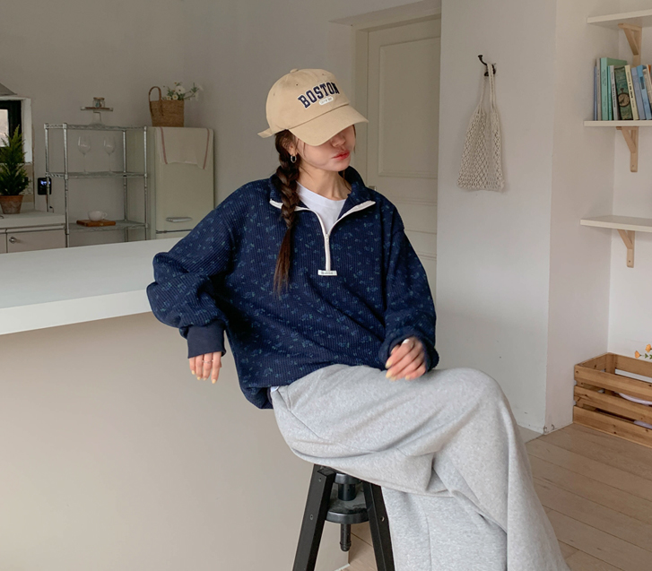 花纹华夫格半拉链衫