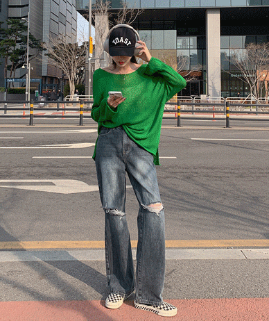 Ever破洞牛仔色松紧带阔腿裤 (短/基本/长款ver)