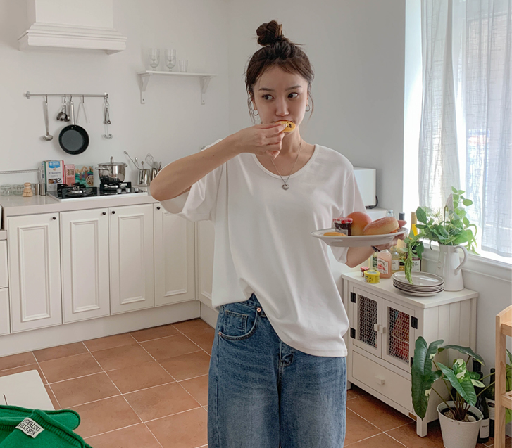 芒果U领弹力短袖T恤