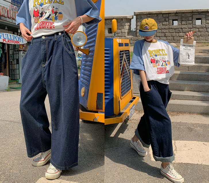 折叠原色牛仔布牛灰色宽松裤