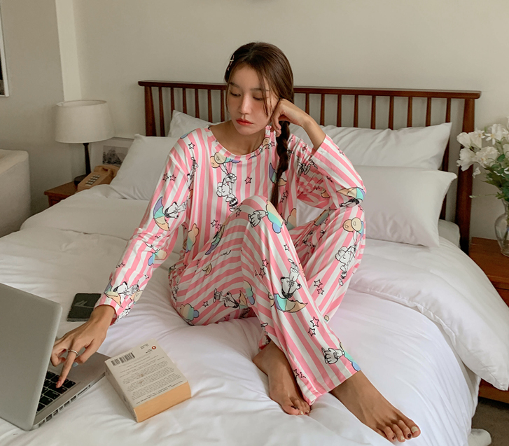 史努比条纹桃色羊毛睡衣套装
