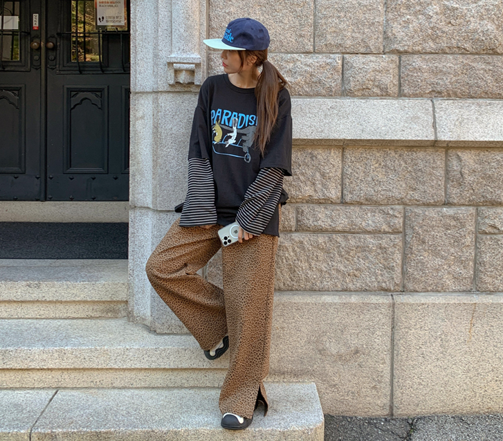 Montbell豹纹松木罗缎团队阔腿裤