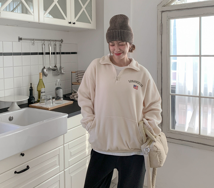 洛杉矶海军蓝抓绒半拉链长袖T恤