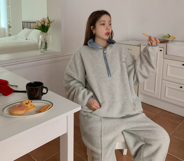 挞皮拼接撞色抓绒半拉链衫