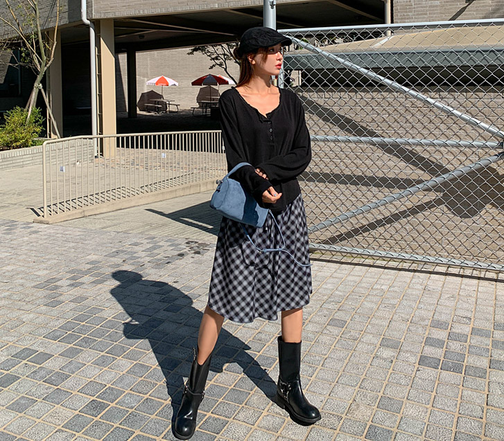 slub 格子 松紧带裙子