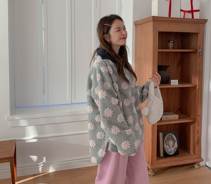 花朵图案抓绒半拉链连帽衫