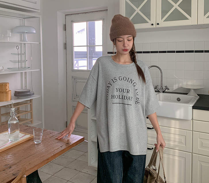 假日染色桃色抓绒短袖T恤