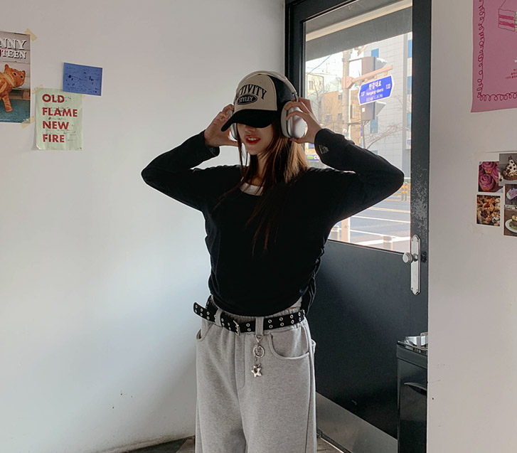 舒适褶皱双排扣长袖T恤