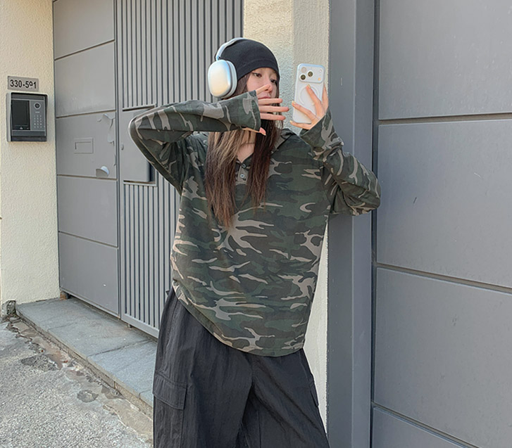 [男女通用] Betin 迷彩亨利领长袖腰带T恤