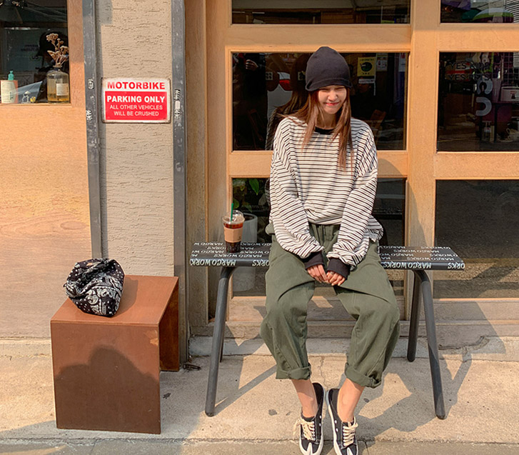 【男女通用】外口袋松木色紧身腰带宽松裤