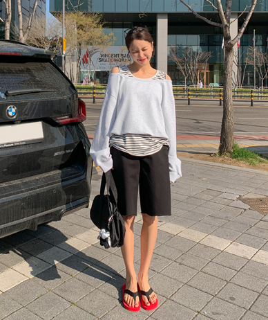 Pulse 侧边折叠破洞五分之三长牛仔裤