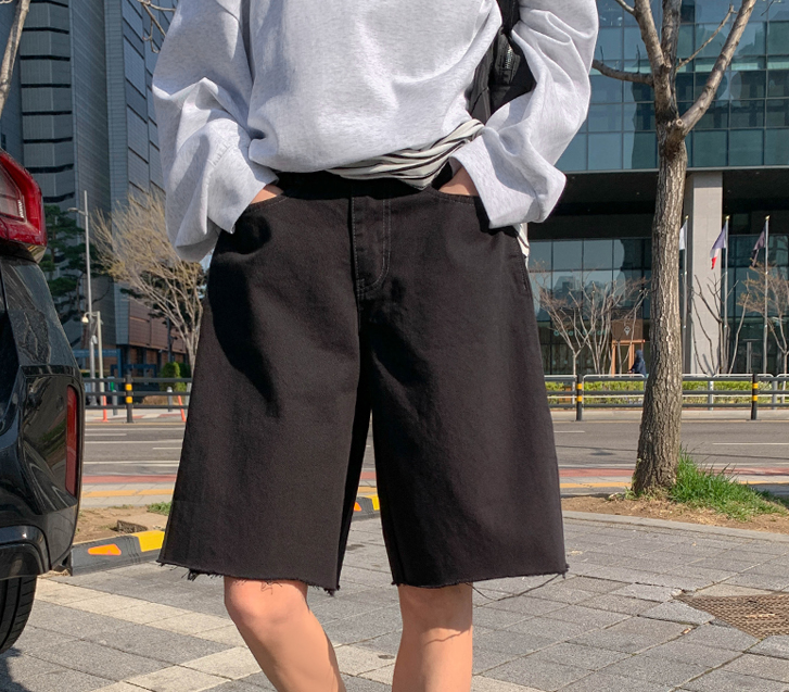 Pulse 侧边折叠破洞五分之三长牛仔裤