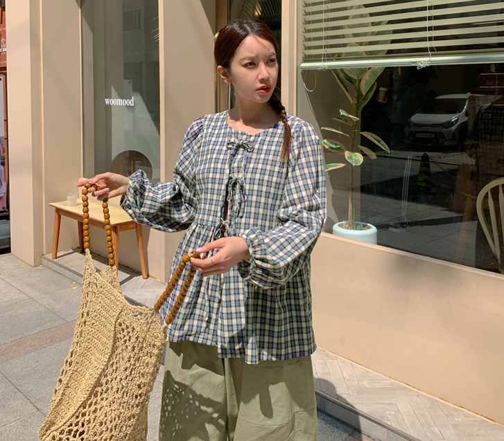 ray双面格子蝴蝶结女衬衫