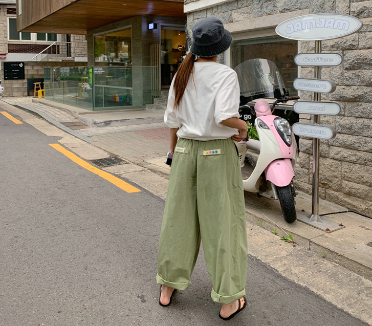 微笑贴片尼龙紧身腰带宽松裤