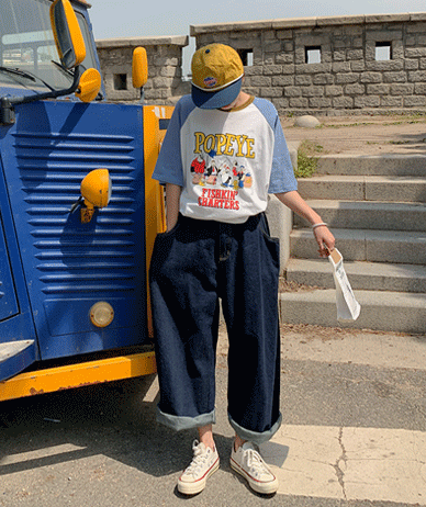 折叠原色牛仔布牛灰色宽松裤