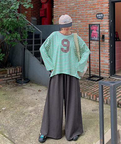 九色拼接不对称条纹九分袖T恤