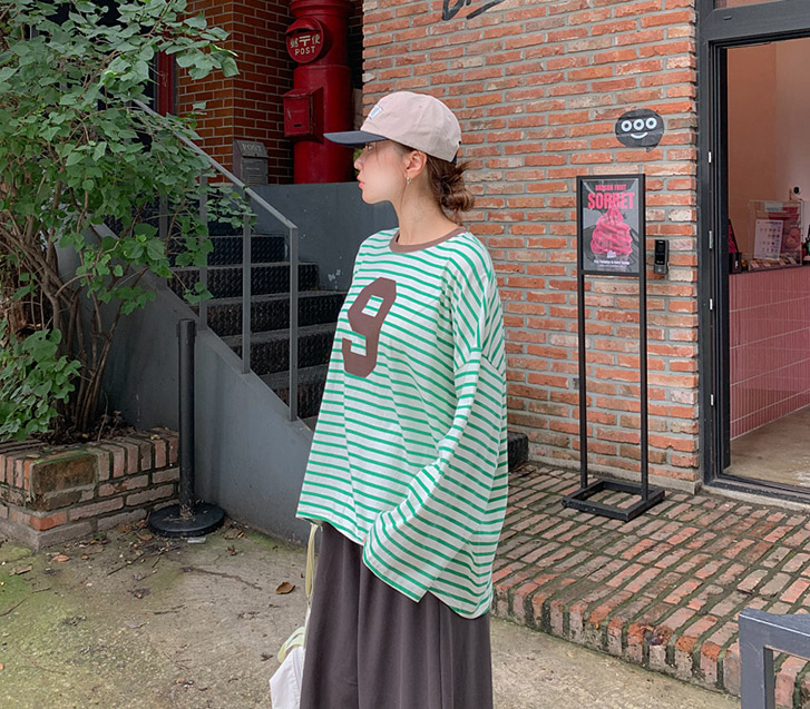 九色拼接不对称条纹九分袖T恤