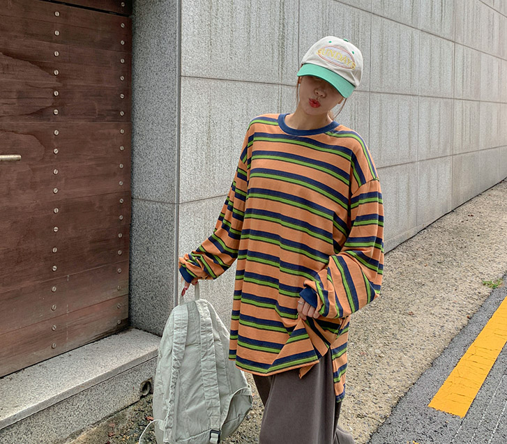 【男女通用】时尚条纹配套长袖T恤