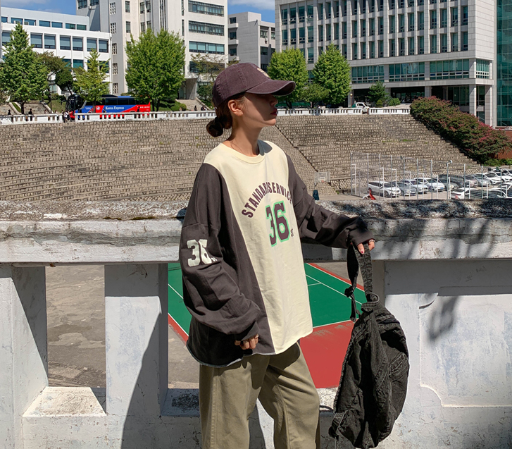 数字配色字母印花长袖T恤